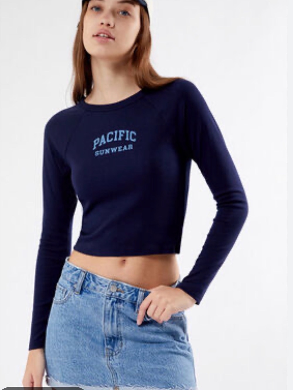 Pacific Sunwear Navy Long Sleeve Crop Top with Light Blue Logo